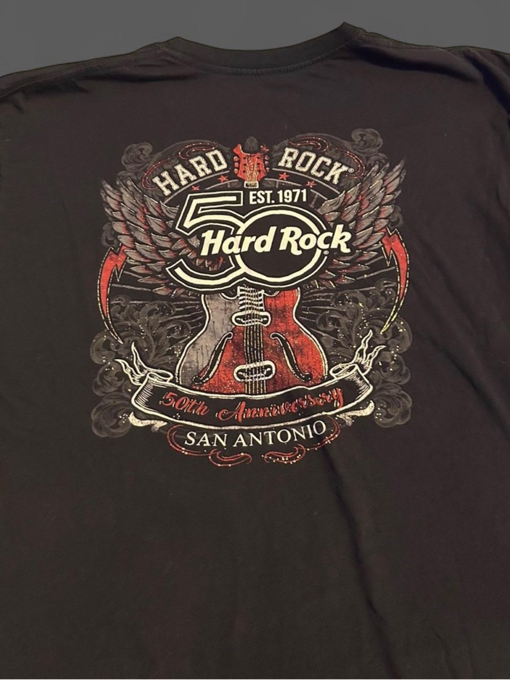 Hard Rock Cafe Black Tee with Red & White 50th Anniversary Guitar Graphic